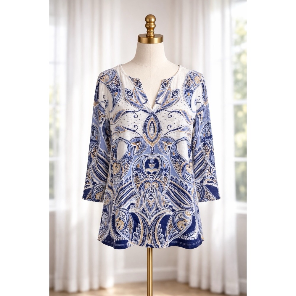 JM Collection Luxury 100% Linen Tunic Top Boho Beaded Blue White Size Large